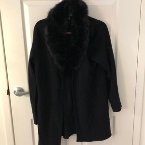 Black, fur collared, long cardigan sweater